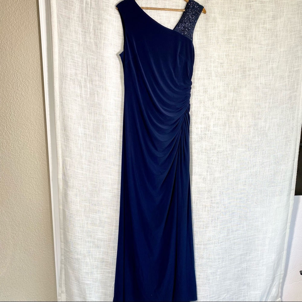 Adrianna Papell Asymmetrical Beaded Ruched Navy Blue Gown